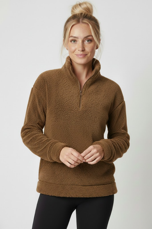 Kadın Kahverengi Yarım Fermuarlı Peluş Polar Sweatshirt - Kışlık Yumuşak Sıcak Tutan Kazak