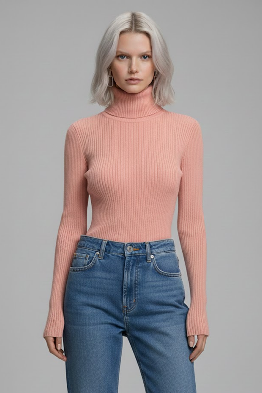 Kadın Pudra Pembe Tam Boğazlı Fitilli Triko Kazak - Yumuşak Dokulu Kışlık Slim Fit Örme Bluz