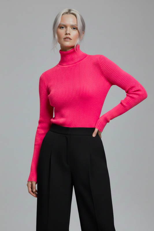 Kadın Fuşya Pembe Boğazlı Slim Fit Kışlık Triko Kazak - Yumuşak Dokulu Esnek Bluz