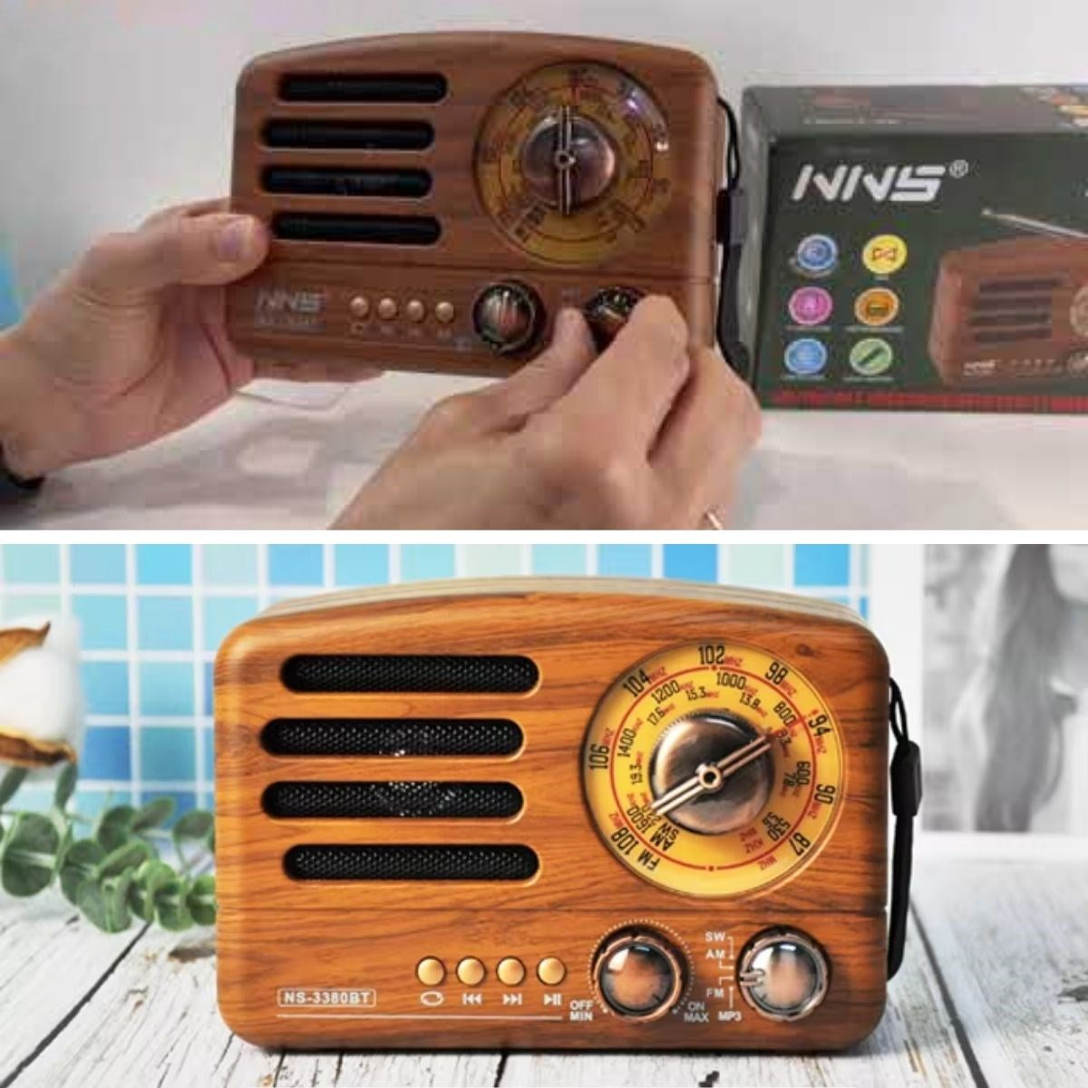 BUFFER® Küçük Boy Retro, Nostaljik, Ahşap Tasarım Bluetooth Hoparlörlü, Şarjlı, Taşınabilir Büyük Döndürülebilen Düğmeli FM/AM Destekli Radyo NS3380