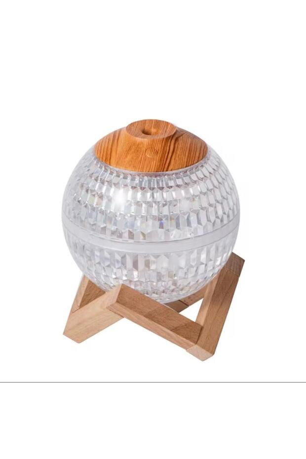 sonx Renkli Kristal Küre Tasarımlı LED Işıklı Hava Nemlendirici – Sessiz Çalışma ve Ahşap Desenli Kapak