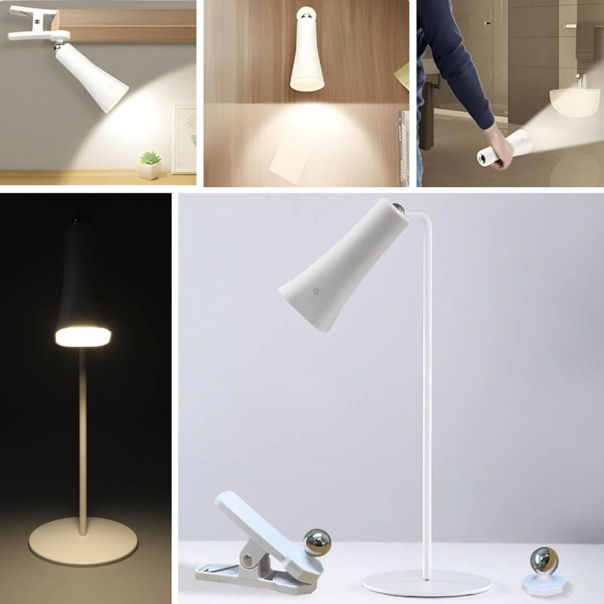 Çok Amaçlı Güçlü Manyetik Başlıklı 4’ü 1 Arada Portatif Beyaz LED Lamba Masaüstü, El Feneri, Duvara Asılabilir ve Mandallı Klipsli Işık