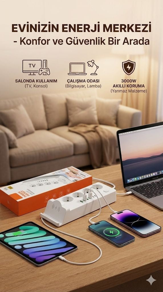 4'lü Akım Korumalı Priz 2 METRE ve Masaüstü Şarj İstasyonu 15W Kablosuz Şarj Standı Type-C Hızlı Şarj Çıkışı