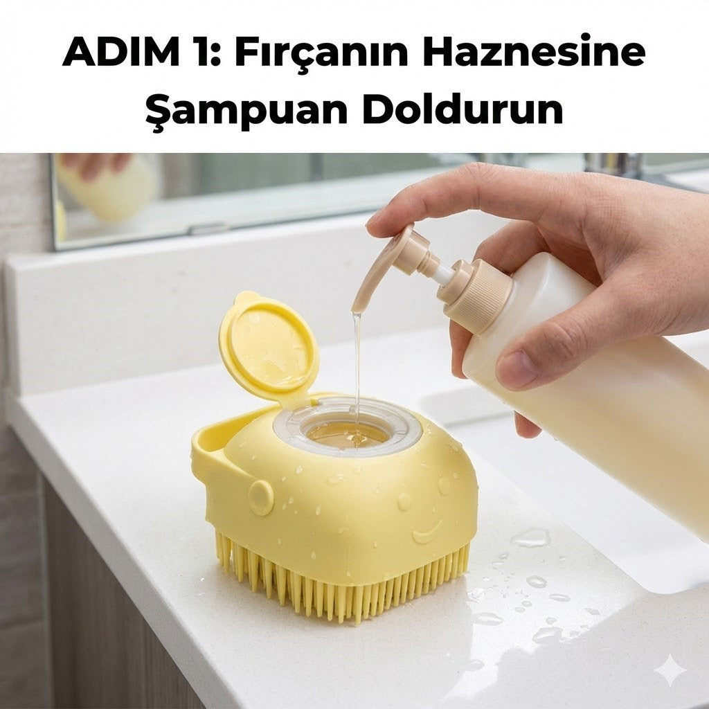 Şampuan Hazneli Kedi Köpek Yıkama Fırçası - Silikon Masaj Tarağı ve Evcil Hayvan Banyo Aparatı