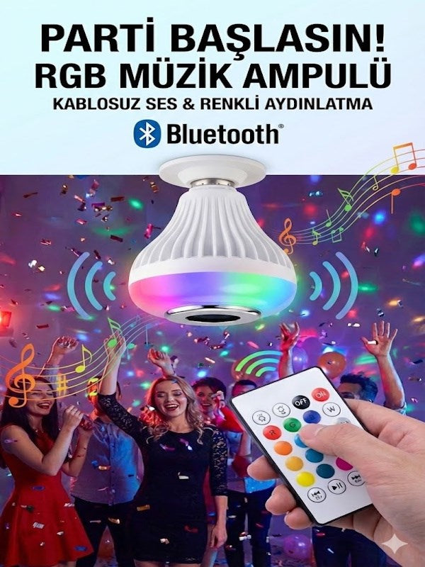 Bluetooth RGB LED Hoparlörlü Akıllı Ampul - Renkli Müzikli Lamba ve Kumanda