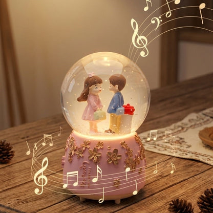 Pilli Işıklı Müzikli Kar Küresi–Sevgili Çiçek Detay Figürlü Eğlenceli Masaüstü Biblo, LED Aydınlatmalı Dekoratif Hediyelik Kar Küresi