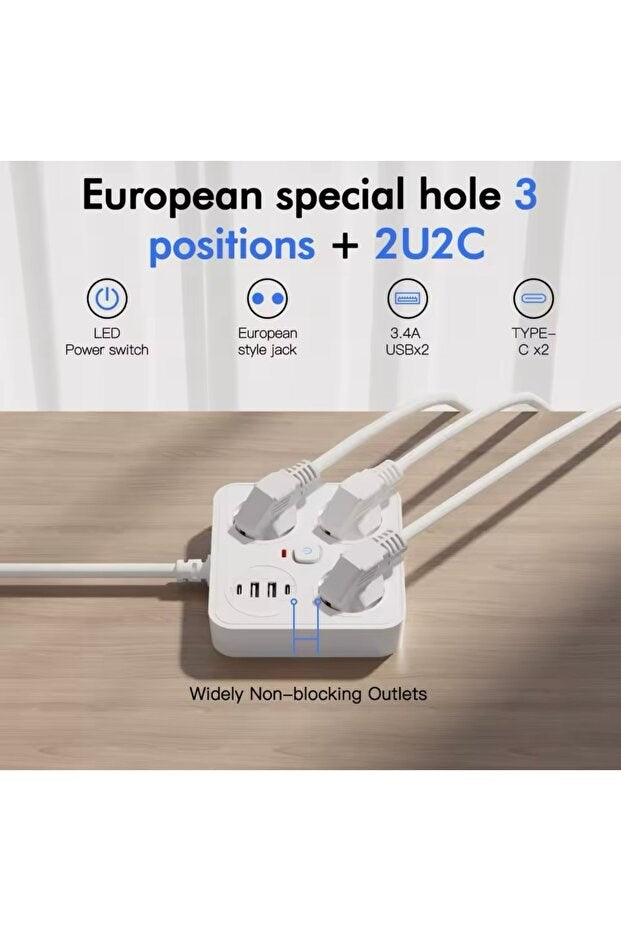 Aşırı Yük Koruyucu Avrupa Soket Kartı Tip-C Usb 2 m Uzatma Kablosu  Emniyet Anahtarı ile