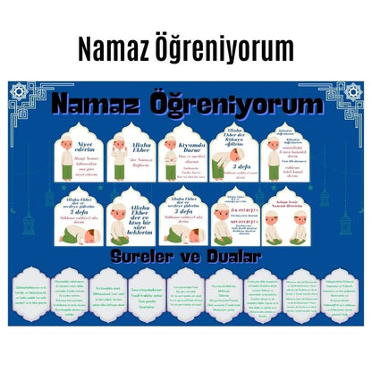 Çocuklar İçin Renkli  "Namaz Öğreniyorum" Afişi - 33x48 cm Figürlü Eğitim Materyali Erkek
