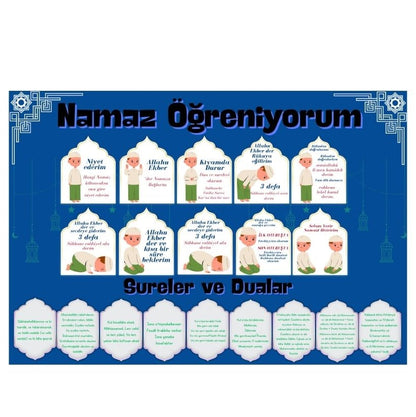 Çocuklar İçin Renkli  "Namaz Öğreniyorum" Afişi - 33x48 cm Figürlü Eğitim Materyali Erkek