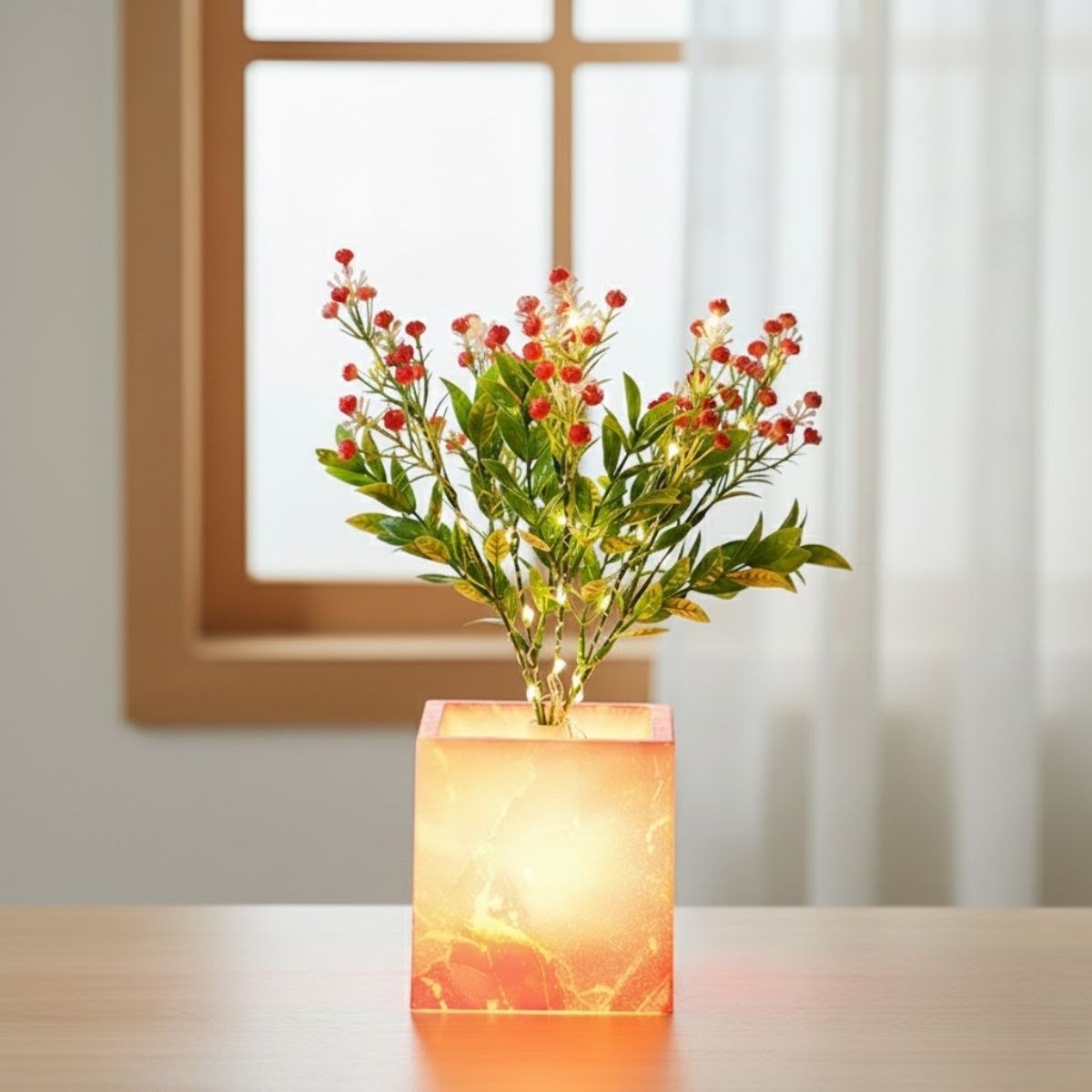 Işıklı Yapay Çiçek – Pembe Saksılı LED Dekoratif Bitki, Masaüstü ve Ev Ofis Aydınlatmalı Süs Bitkisi