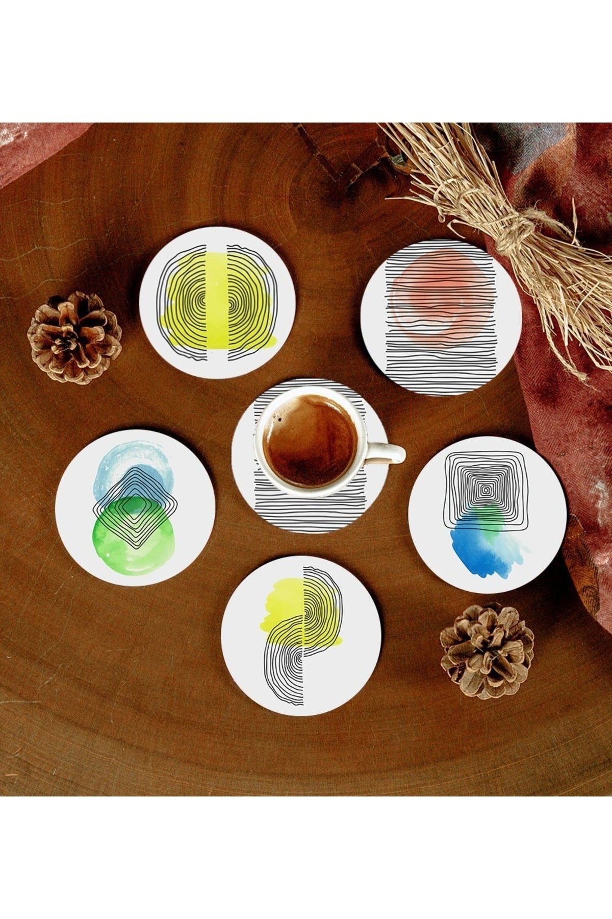 6 Adet Desenli Mdf Bardak Altlığı