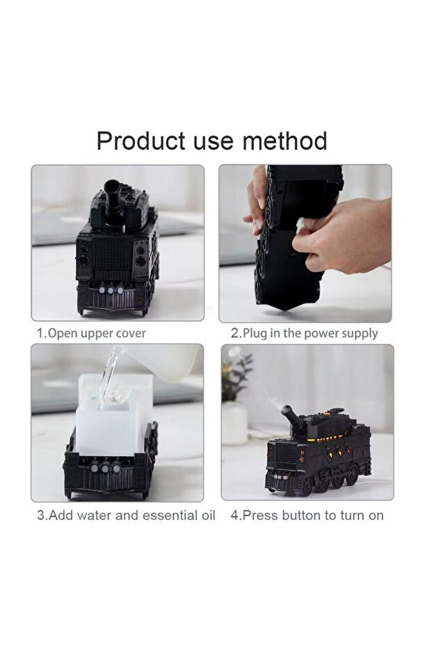 sonx Buhar Efektli Zırhlı Tren Tasarımlı Aromaterapi Hava Nemlendirici – LED Işıklı, Sessiz ve USB Şarjlı