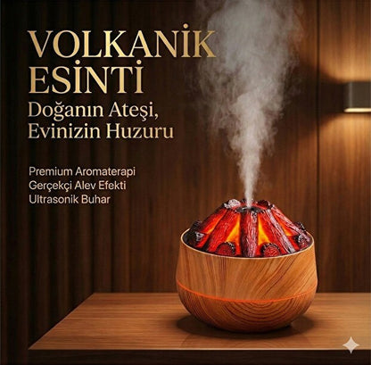 Dekoratif Yanardağ Tasarımlı LED Işıklı Ahşap Görünümlü Hava Nemlendirici & Aroma Difüzörü