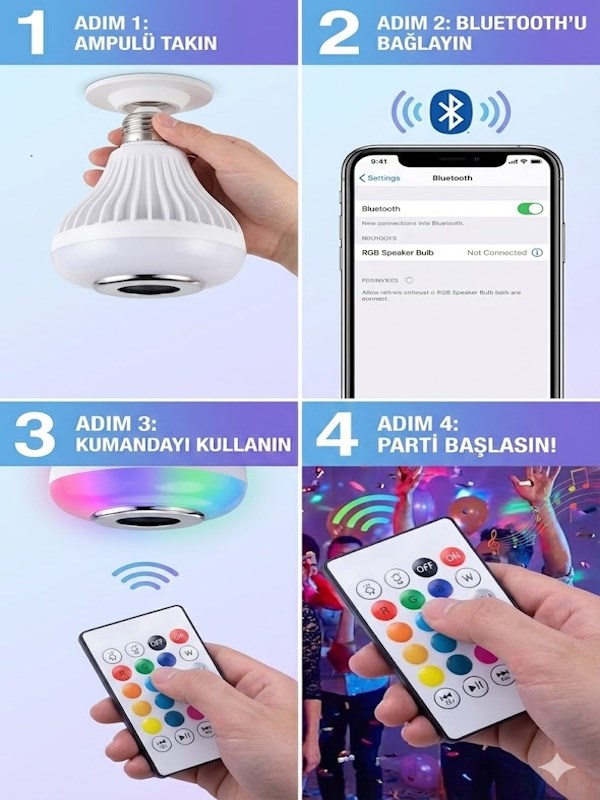 Bluetooth RGB LED Hoparlörlü Akıllı Ampul - Renkli Müzikli Lamba ve Kumanda