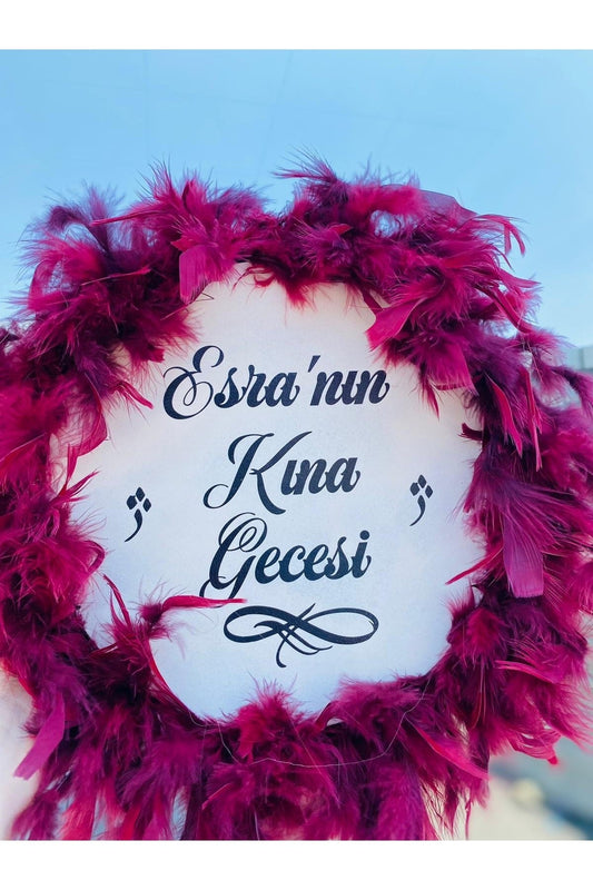 Kişiye Özel Tüylü Kına Gecesi Tefi,bordo Tüylü Kına Tefi, Gelin Tefi (28 CM)
