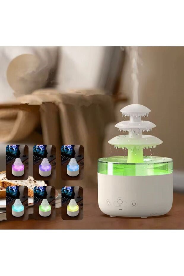 3 Katlı Şelale YAĞMUR Tasarımlı Ultrasonik Aroma Difüzör – 6 Renk LED Işıklı Hava Nemlendirici
