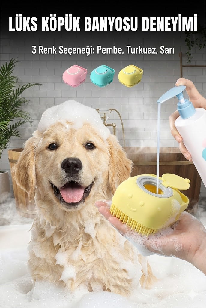 Şampuan Hazneli Kedi Köpek Yıkama Fırçası - Silikon Masaj Tarağı ve Evcil Hayvan Banyo Aparatı