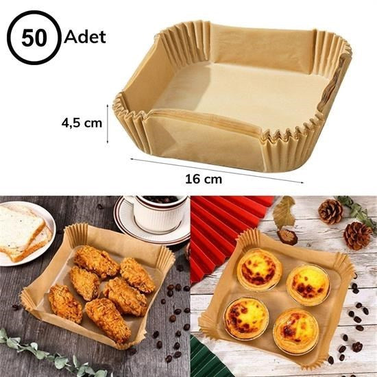 BUFFER® 100 Adet Air Fryer Pişirme Kağıdı Tek Kullanımlık  Gıda Yağlı Kağıdı Kare Tabak Model