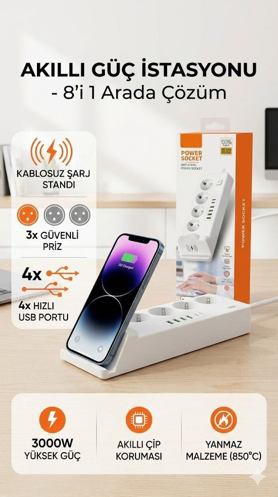 4'lü Akım Korumalı Priz 2 METRE ve Masaüstü Şarj İstasyonu 15W Kablosuz Şarj Standı Type-C Hızlı Şarj Çıkışı