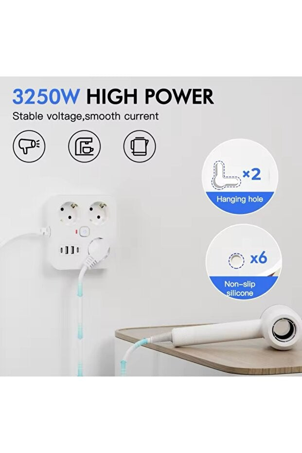 Aşırı Yük Koruyucu Avrupa Soket Kartı Tip-C Usb 2 m Uzatma Kablosu  Emniyet Anahtarı ile