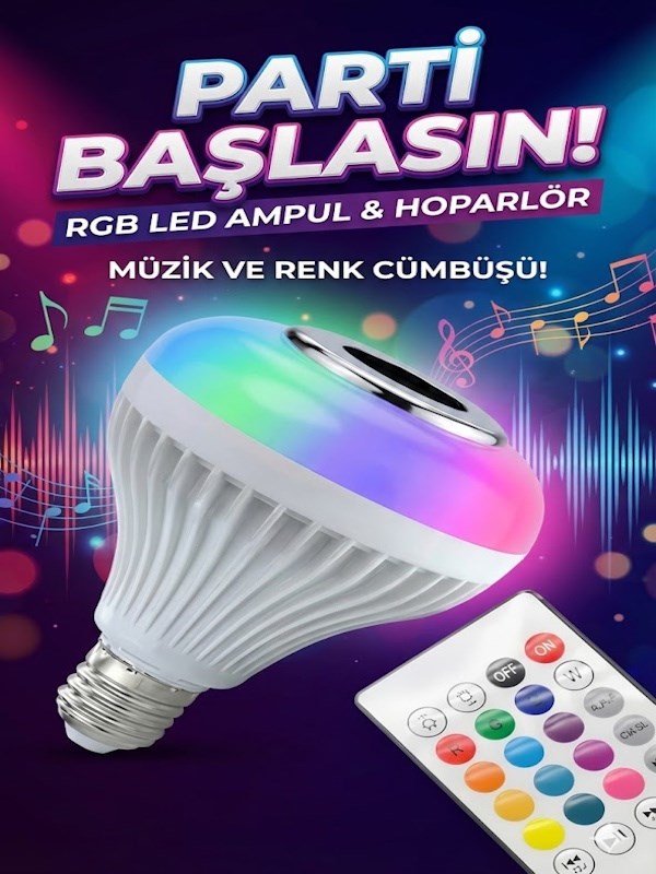 Bluetooth RGB LED Hoparlörlü Akıllı Ampul - Renkli Müzikli Lamba ve Kumanda