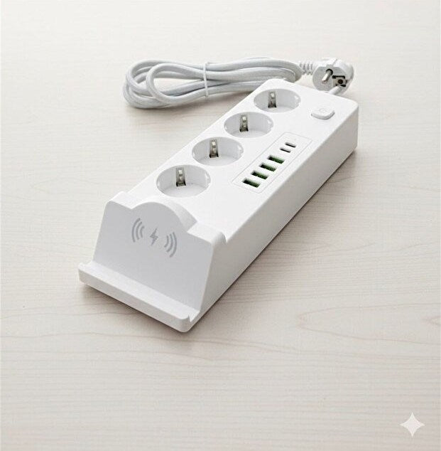 4'lü Akım Korumalı Priz 2 METRE ve Masaüstü Şarj İstasyonu 15W Kablosuz Şarj Standı Type-C Hızlı Şarj Çıkışı