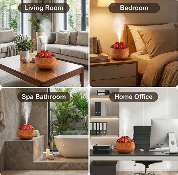 Dekoratif Yanardağ Tasarımlı LED Işıklı Ahşap Görünümlü Hava Nemlendirici & Aroma Difüzörü