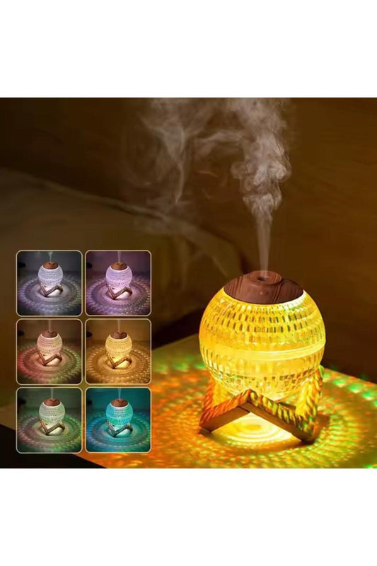 sonx Renkli Kristal Küre Tasarımlı LED Işıklı Hava Nemlendirici – Sessiz Çalışma ve Ahşap Desenli Kapak