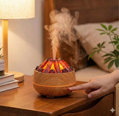 Dekoratif Yanardağ Tasarımlı LED Işıklı Ahşap Görünümlü Hava Nemlendirici & Aroma Difüzörü