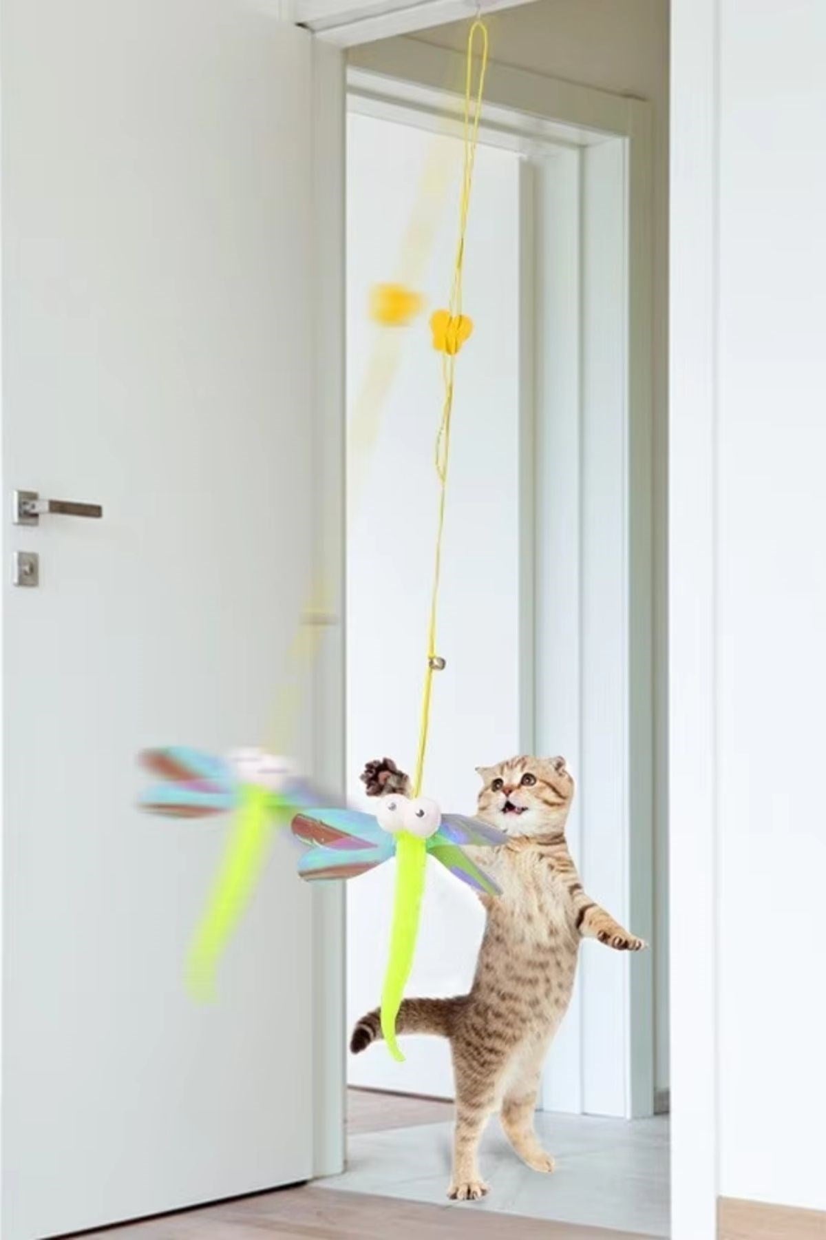 BUFFER® Kendiliğinden Yapışkanlı Uzun ipli Tüylü Zilli Peluş Kedi Oyun Oltası Kedi Oyuncağı