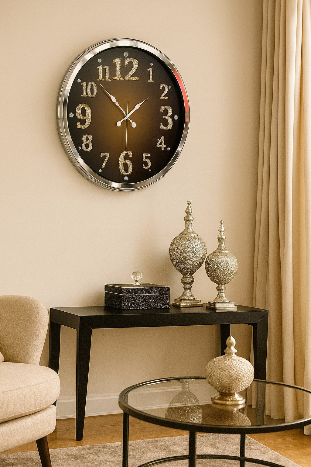 Zentime Krom Işıltılı Zaman 52 Cm Metal Duvar Saati