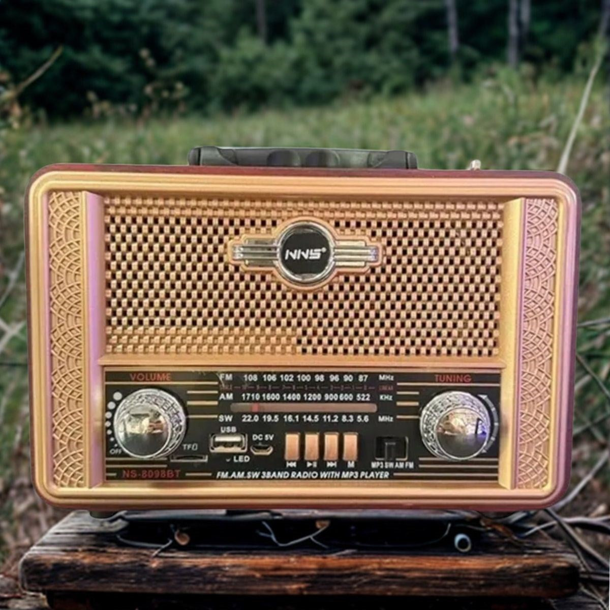 BUFFER® Retro, Nostaljik, Ahşap Tasarım Bluetooth Hoparlörlü, Şarjlı, Taşınabilir Otantik Tasarımlı FM/AM Destekli Radyo NS8098