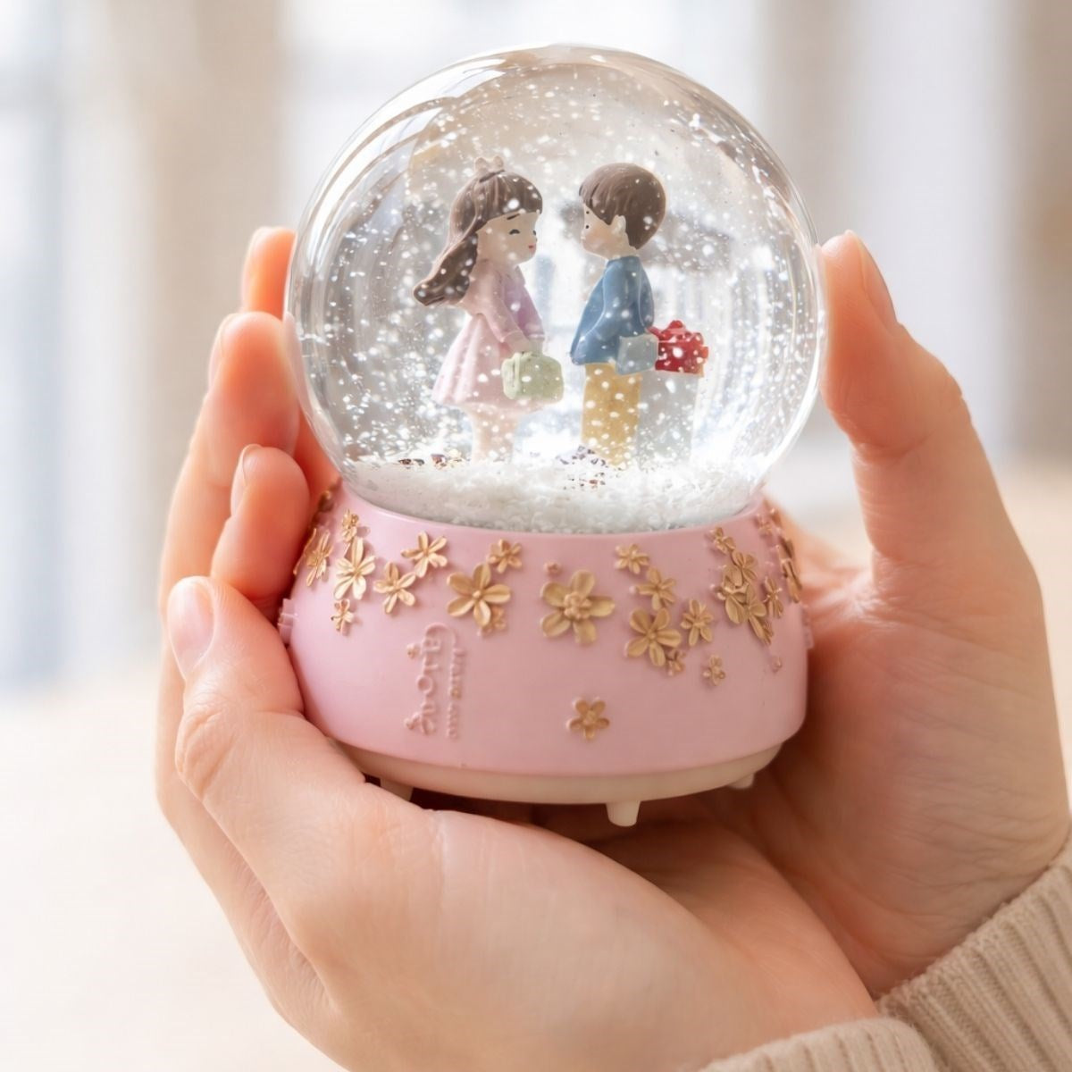Pilli Işıklı Müzikli Kar Küresi–Sevgili Çiçek Detay Figürlü Eğlenceli Masaüstü Biblo, LED Aydınlatmalı Dekoratif Hediyelik Kar Küresi