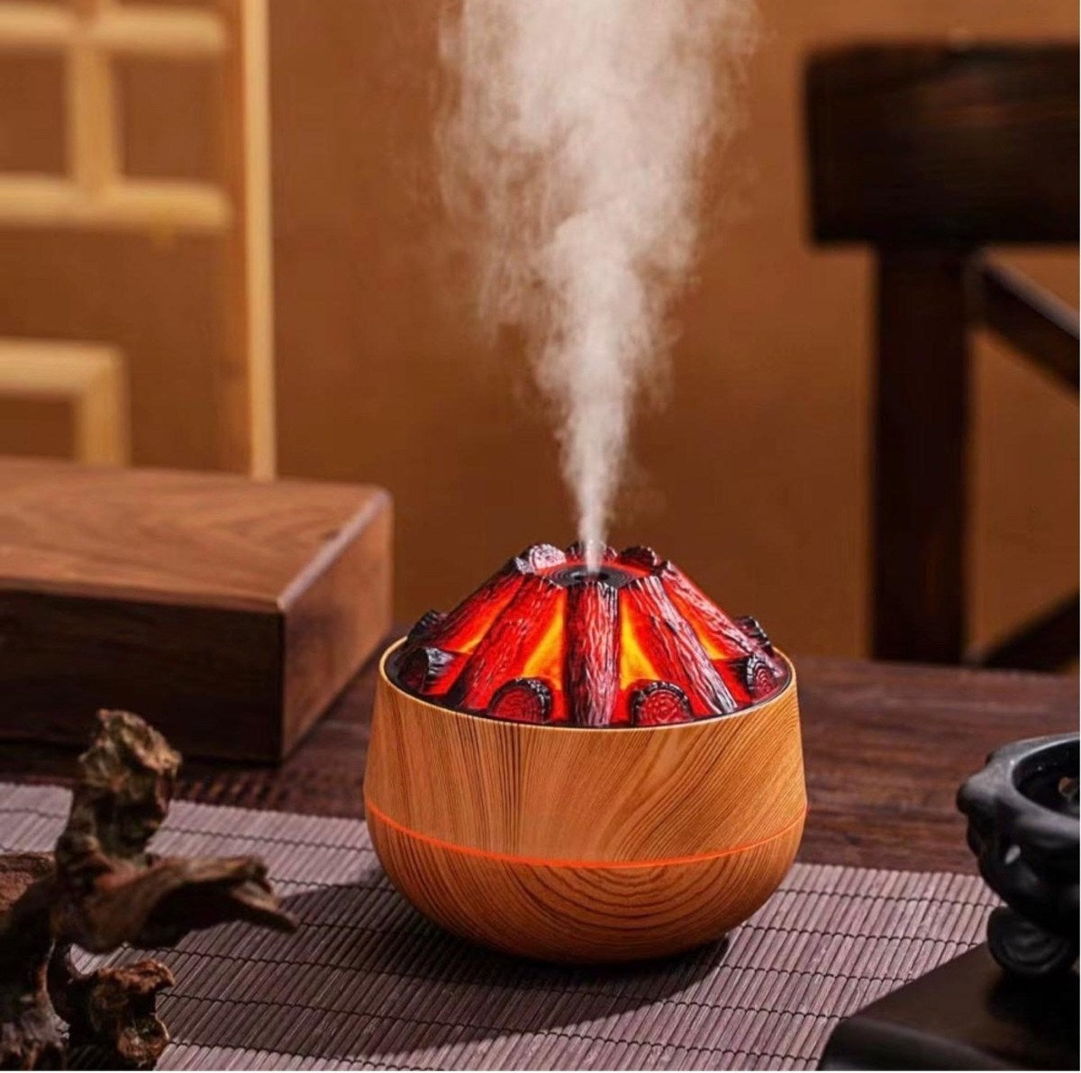Dekoratif Yanardağ Tasarımlı LED Işıklı Ahşap Görünümlü Hava Nemlendirici & Aroma Difüzörü