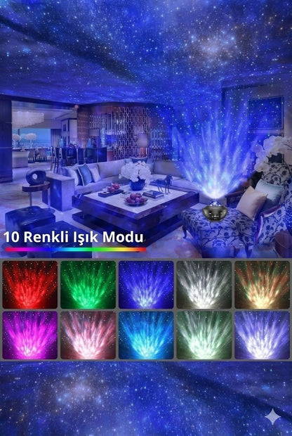 Galaksi Yıldız Projektörü ve Bluetooth Hoparlör 10 Renk Modlu Okyanus Dalgalı Gece & Disko Lambası